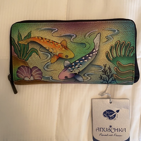 Anuschka HTF Koi Large Tote with matching zip around wallet - Picture 9 of 11